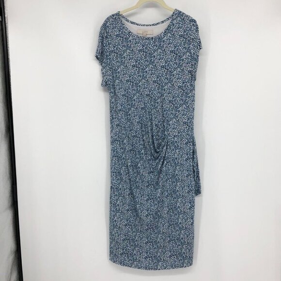 LOFT Light blue white dotted side gather short sleeve rayon midi sheath dress L - Picture 14 of 14